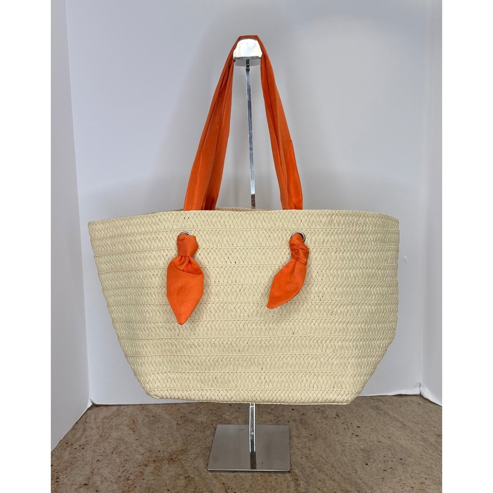 Neiman Marcus Straw Tote Bag Women Cream Orange Woven Fabric Handle Beach‎ Boho